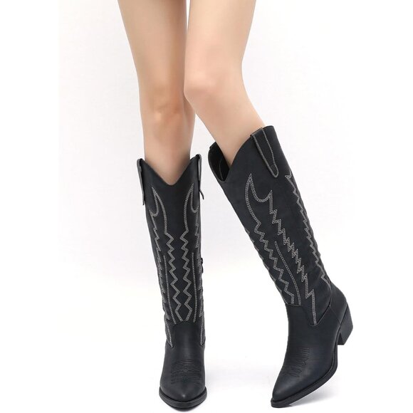 Women's Black Knee High Long Pointed Toe Classic Western Cowboy Boots With Zip - Picture 4 of 7